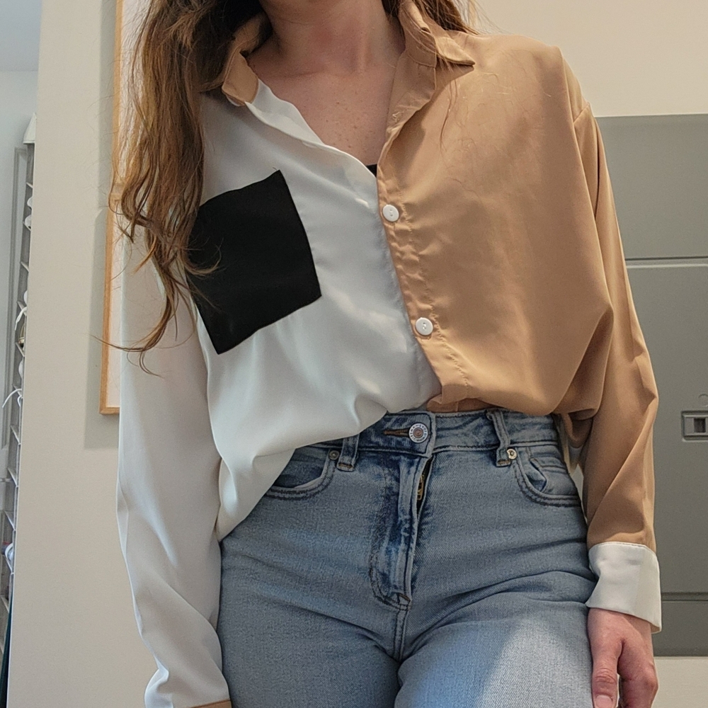 SHEIN Tan and White Button Down Shirt